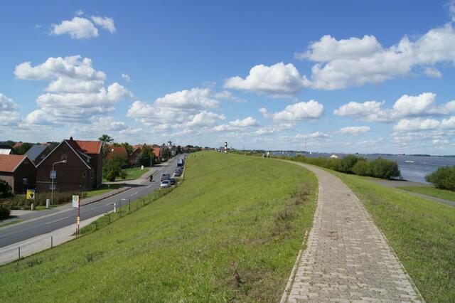 Der Elbdeich im Alten Land. Aus Ausgleich für die Erhöhung des mit Gras bewachsenen Deiches verlangt das Land Kompensationsflächen, auf denen Gras wachsen soll | Foto: bc