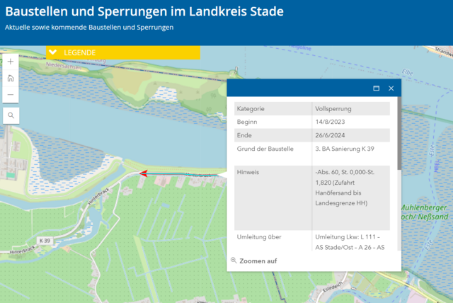 Auf der Infoseite des Landkreises Stade findet sich noch immer die Mitteilung, dass die K39 bis Ende Juni fertiggestellt sein wird. Dabei ist bereits seit Februar bekannt, dass der Fertigstellungstermin auf September verschoben wurde | Foto: Landkreis Stade
