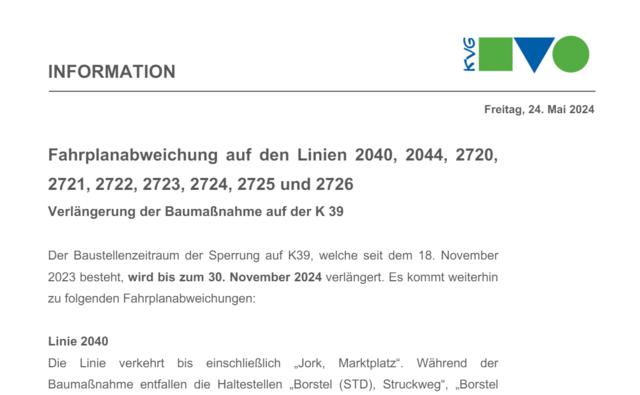 In dieser Pressemitteilung weist die KVG daraufhin, dass die K39-Baustelle bis Ende November bestehen bleibt. Offenbar erhielt das Busunternehmen eine entsprechende Mitteilung des Landkreises | Foto: KVG