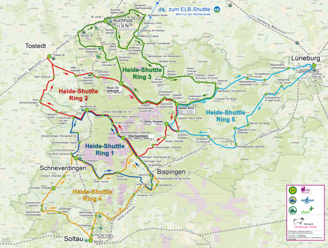 Auf einen Blick: die Übersichtskarte des Heide-Shuttle mit allen Ringlinien und Haltestellen | Foto: Naturpark Lüneburger Heide
