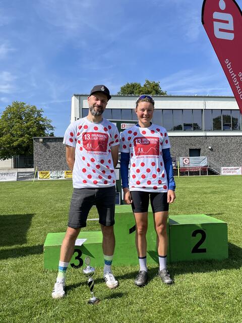 Das begehrte Bergtrikot gewannen bei Damen und Herren jeweils die Sieger des 11,7 km Laufes Josephine Noack und Christian Kossenjans | Foto: Michael Wiese