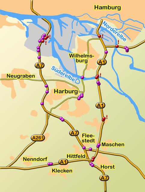 Die Karte zeigt die Brücken an den Autobahnen und der B75, deren Tragfähigkeit schlecht (lila Punkte) oder sehr schlecht (rote Punkte) ist. Ein Ausrufezeichen steht für einen #+nicht ausreichenden Bauwerkszustand   | Foto: Karte: jd