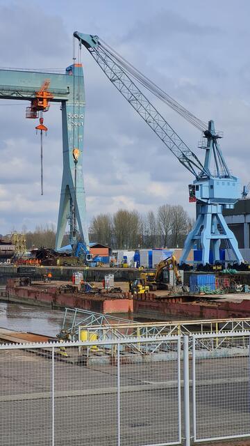 Rechts einer der vier Kai-Kräne: Sie sollen nach dem Willen der neuen Eigentümer abgebaut werden | Foto: Malte Neumann