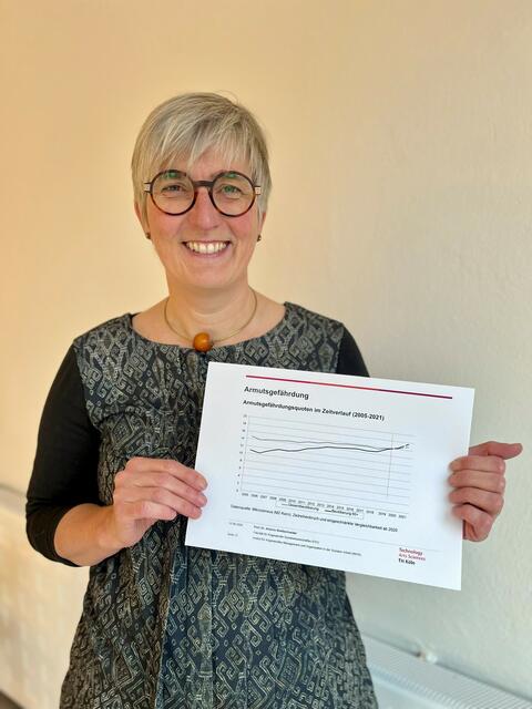 Seit dem Jahr 2019 ist die Altersgruppe der über 65-Jährigen häufiger von Armut betroffen als die Gesamtbevölkerung, wie Sylvia Pankop vom Senioren- und Pflegestützpunkt des Landkreises Stade anhand einer Grafik zeigt.  | Foto: Landkreis Stade / Nina Dede