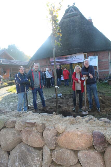 Mit neu gepflanzter Linde und neuer Steinmauer (v. li.) Holger Haettich, Thomas Söller, Ute Schwermer-Vietheer und Ralf Greve vom Verein Vierdörfer Dönz | Foto: pm