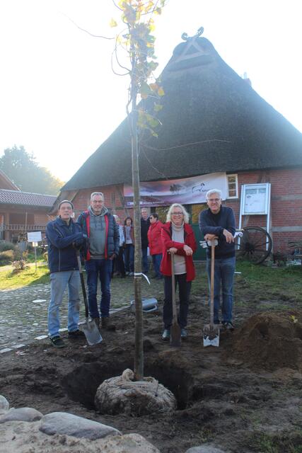 Mit neu gepflanzter Linde und neuer Steinmauer (v. li.) Holger Haettich, Thomas Söller, Ute Schwermer-Vietheer und Ralf Greve vom Verein Vierdörfer Dönz | Foto: pm