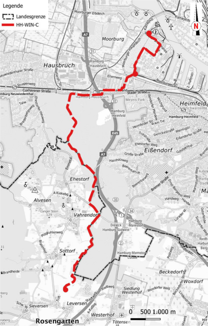 Der geplante Verlauf der Wasserstoff-Anbindungsleitung HH-WIN-C70 | Foto: Hamburger Energienetze GmbH