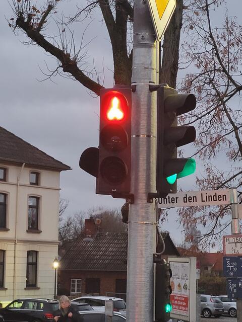 Hier dürfen Radfahrer radelnd die Straße überqueren (wenn die Ampel grün ist). Rechts unten ist die Fahrradampel zu sehen, die gerade freie Fahrt über den Platz Am Sande anzeigt | Foto: sh
