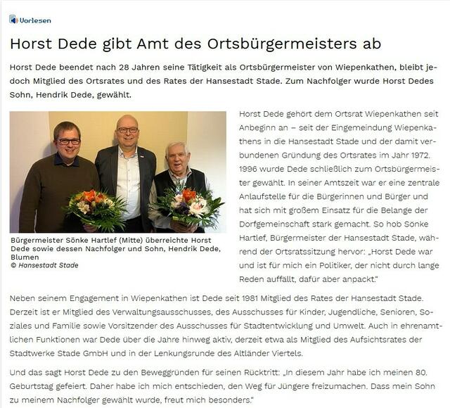 Screenshot von der Seite der Hansestadt Stade am 12. Dezember 2024: Dort wird Horst Deede konsequent das dritte "E" vorenthalten. Inzwischen hat die Stadt den Fehler korrigiert. | Foto: Screenshot