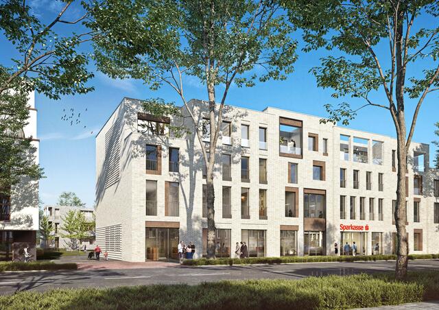Das neue Gesicht der Sparkasse Harburg-Buxtehude in der Buxtehuder Bahnhofstraße. Das im Dezember 2023 eingeweihte Gebäude (hier eine Visualisierung) stellt auch dringend benötigten Wohnraum zur Verfügung | Foto: Sparkasse Harburg-Buxtehude