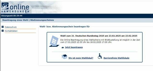 So steht es auf der Homepage: "Die Online Beantragung eines Wahlscheins mit Briefzustellung ist möglich in der Zeit vom 17.01.2025 12:30 Uhr bis 18.02.2025 17:00 Uhr." | Foto: Screenshot