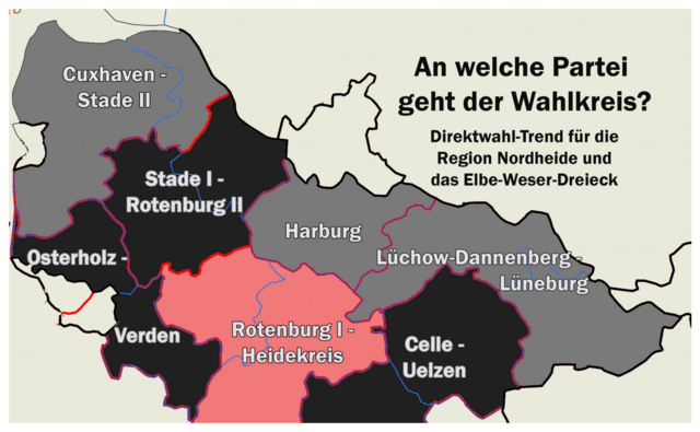 Nach dem aktuellen Wahlkreis-Trend werden bei der Bundestagswahl die roten Farbtupfer in der Region weitgehend verschwinden. Schwarz gefärbt sind die Wahlkreise, die höchstwahrscheinlich an die CDU fallen. Bei der grauen Farbe ist laut Prognose von einem relativ sicheren Wahlsieg der CDU auszugehen. Das helle Rot steht für einen Trend zugunsten der SPD | Foto: jd