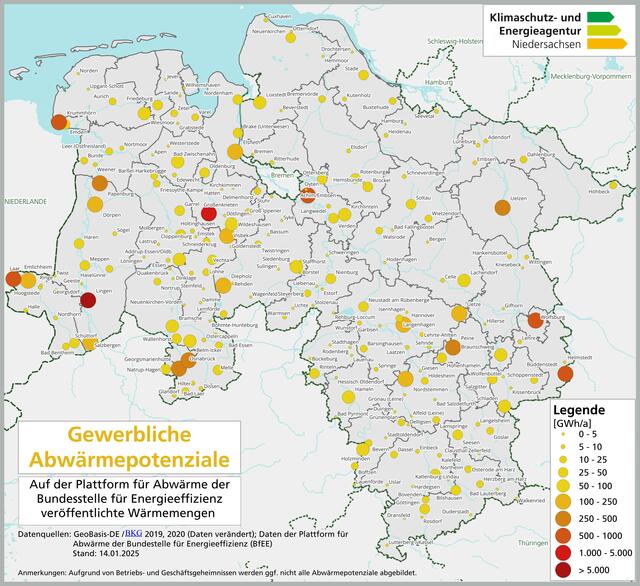 Die Karte zeigt, wo in Niedersachsen gewerbliche Abwärmepotenziale liegen | Foto: Klimaschutz- und Energieagentur Niedersachsen