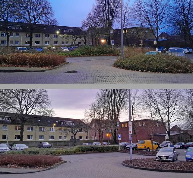 Vorher (oben) und nachher (unten): Das Erscheinungsbild des Parkplatzes Hospitalstraße hat sich verbessert. Das Grün am Rand der Parkbuchten wurde zurückgeschnitten, der Platz ist jetzt wesentlich besser einzusehen | Foto: Hansestadt Stade