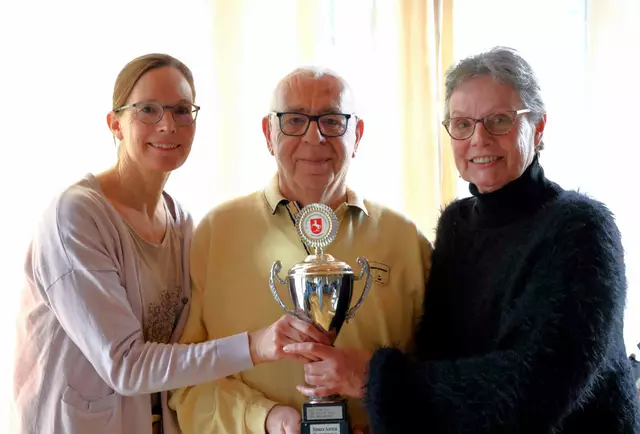 Zum Abschied gab es für den langjährigen Vorsitzenden Ingo Becker einen Pokal - überreicht von der Vize-Vorsitzenden Steffi Bertram (li.) und der Schatzmeisterin Jutta Fröhlich (re.) | Foto: cc