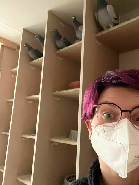 Anne Knickelbein im Taubenschlag vor der Nordheidehalle im Sportzentrum am Buchholzer Holzweg | Foto: Stadttauben Buchholz e. V.