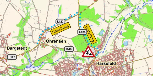 Die K46 ist im Bereich Harsefeld mehrere Wochen gesperrt. Die Umleitung erfolgt über die L124 und die L123 (blaue Punkte) | Foto: Open Topo Map/jd
