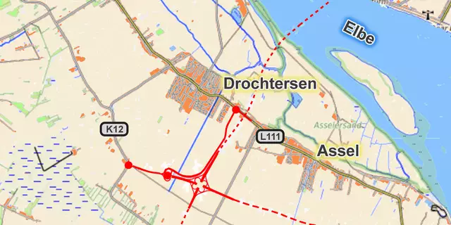 Für das Kehdinger Kreuz (in rot eingezeichnet) liegt jetzt der Planfeststellungsbeschluss vor  | Foto: Open Topo Map / jd