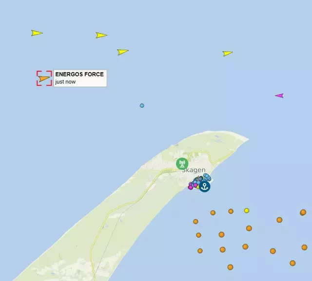 Die "Energos Force" hat am Freitagmittag ihr Ziel Skagen fast erreicht, wie die Schiffstracking-Seite vesselfinder.de zeigt | Foto: vesselfinder.de