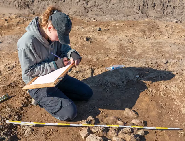 Auf dem Geesthügel bei Kutenholz stießen die Wissenschaftler auf weitere archäologische Funde: Melike Fidan dokumentiert eine Steinsetzung. | Foto: Christian Schmidt/LK Stade