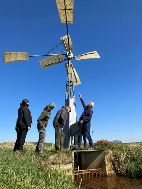 rojektleiter Heinrich Belting erläutert den Gästen aus dem Baltikum die Funktionsweise der windbetriebenen Wasserpumpen, die die Wasserstände auf den Wiesenvogelflächen regulieren | Foto: Hanna Prüter/NLWKN
