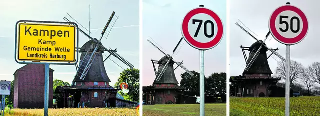 Die Ortstafel am ursprünglichen Standort vor der Windmühle Kampen im Juli 2013 (v. li.): Um den Verkehr von der 100-km/h-Strecke aus Otter dennoch abzubremsen, folgte im 
September 2022 ein 70-km/h-Schild. Und letztlich wurde im Januar 2023 etwa in Höhe des vorherigen Ortsschildes ein 50-km/h-Schild aufgestellt | Foto: bim
