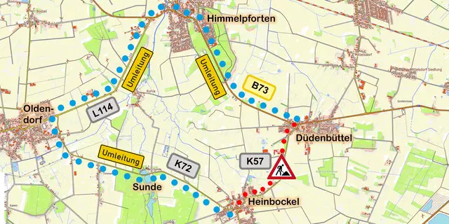 Die K57 ist für einige Wochen komplett gesperrt (rot gepunktet). Die Umleitungsstrecke ist ausgeschildert (blaue Punkte) | Foto: Opentopomap/jd