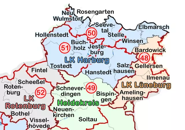 Die Karte zeigt den geplanten Neuzuschnitt der Wahlkreise in der Nordheide (rote Linien): Der bisherige Wahlkreis Winsen soll aufgelöst werden. Künftig soll es in der Region die Wahlkreise Lüneburg Land/Winsen (48), Soltau/Harburg-Süd (49), Seevetal (50), Buchholz (51) und Rotenburg (52) geben  | Foto: Landeswahlleiter/jd