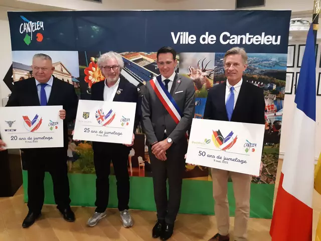 Feierten die langjährigen Städtepartnerschaften: (v. li.) Dariusz Chmura (Wohlau), Neil Tungate (New Milton), Tom Delahaye (Canteleu) und Jan-Hendrik Röhse (Buchholz) | Foto: Stadt Buchholz