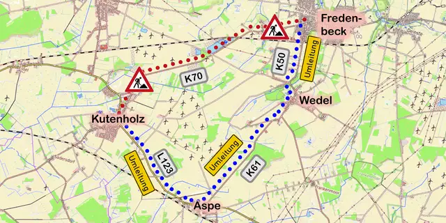 Die K70 ist wegen Sanierungsarbeiten mehrere Wochen gesperrt (rote Punkte). Die Umleitungsstrecke über Aspe (blaue Punkte) ist ausgeschildert | Foto: Opentopomap/jd