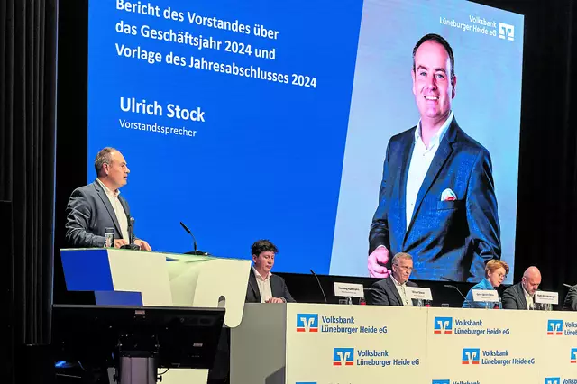 Auf dem Podium (v. li.): Ulrich Stock, Henning Kuhlmann, Gerd-Ulrich Cohrs, Ruth Staudenmayer und Marco Schulz | Foto: Volksbank