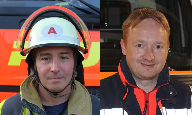 Retter in höchster Not - Sie befreiten den verunglückten Mann aus seiner Notlage: Richard Globuschütz von der Stader Feuerwehr (li.) und Stephan Reitz vom DRK-Rettungsdienst | Foto: Feuerwehr Stade