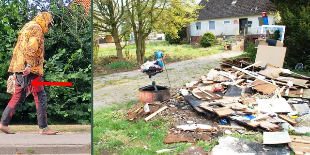 Der "Axtmann" unterwegs in Bassenfleth: In der linken Hand hat er eine Brötchentüte, in der rechten Hand hält er ein Beil (siehe Pfeil), rechtes Bild: Der psychisch kranke Mann vermüllt sein Grundstück regelmäßig (Archivbilder)  | Foto: jd/sla
