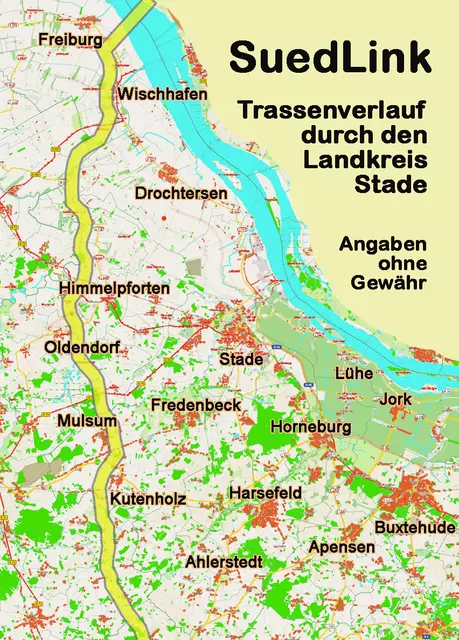 Die Karte zeigt den Verlauf der 43 Kilometer langen SuedLink-Trasse im Landkreis Stade | Foto: OpenStreetMap/jd