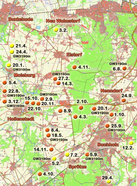 Die Karte zeigt die Wolfsrisse in der Nordheide in den Jahren 2024 (orange Punkte) und 2025 (gelbe Punkte). Zusätzlich wird dargestellt, wo der Wolfsrüde "GW3190m" zugeschlagen hat | Foto: OpenTopoMap/jd