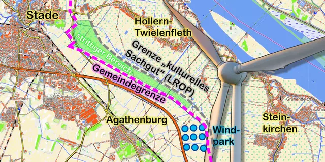 Die Karte einen der umstrittenen Bereiche (grün) in der Samtgemeinde Lühe. Je nachdem, welche Grenzlinie gilt (Gemeindegrenze oder Grenze "kulturelles Sachgut" nach LROP) dürfen dort Windräder errichtet oder nicht. Laut Landkreis ist die Gemeindegrenze ausschlaggebend, sodass keine Windkraftanlagen zulässig wären | Foto: OpenTopoMap/jd/Adobe Stock/engel.ac