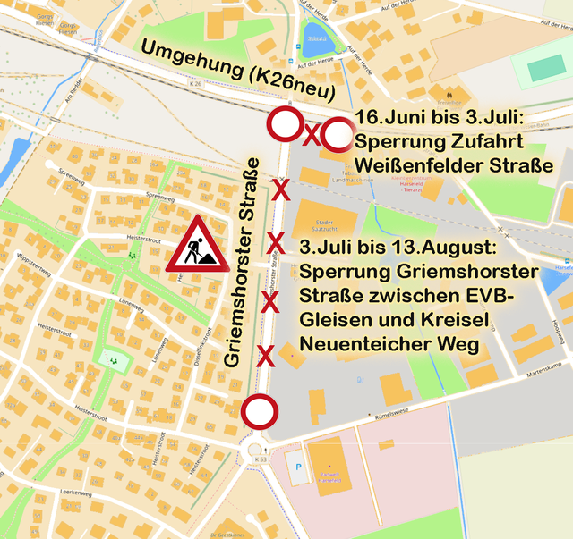 Die Griemshorster Straße in Harsefeld ist während der Sommerferien für rund fünf Wochen gesperrt | Foto: OpenTopoMap/jd
