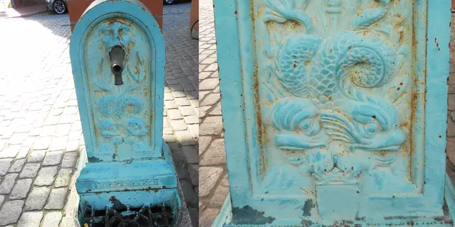 Der Trinkwasserbrunnen am Platz Am Sande in Stade. U.a. zieren zwei Fische (Bild re.) die Front des kleinen Brunnens | Foto: Linke