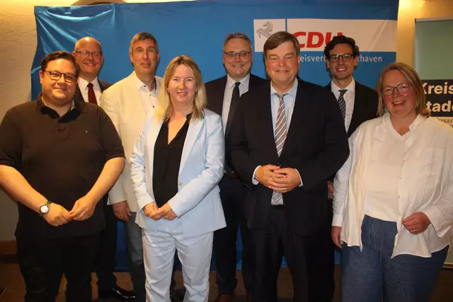 er geschäftsführende Bezirksvorstand der CDU Elbe-Weser, v.l. Matthias Keck (CUX, Mitgliederbeauftragter), Marco Mohrmann MdL (Generalsekretär der CDU Niedersachsen), Karsten Behr (STD, stv. Bezirksvorsitzender), Birgit Butter MdL (STD, Bezirksgeschäftsführerin), Landrat Marco Prietz (ROW, Schatzmeister), Enak Ferlemann (CUX, Bezirksvorsitzender), Fabian Albrecht (OHZ) und Hella Bachmann (VER - beide stv. Bezirksvorsitzende)
 | Foto: cdu