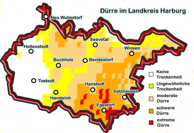 Die Karte vom Landkreis Harburg macht deutlich, dass es besonders im südöstlichen Kreisgebiet extrem trockene Böden gibt | Foto: jd - Kartengrundlage: UFZ-Dürremonitor/ Helmholtz-Zentrum für Umweltforschung