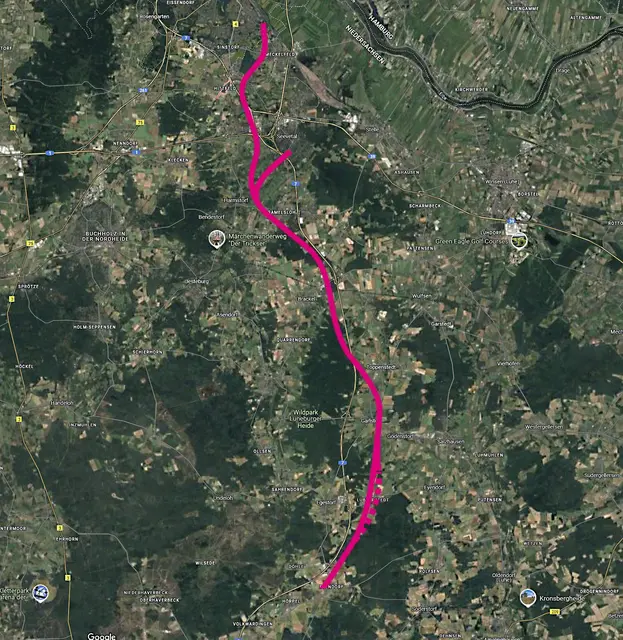 Die "Vorzugstrasse" einer Neubautrasse zwischen Hamburg und Hannover könnte nach DB-Vorstellung so verlaufen | Foto: DB / google maps / Repro: MSR