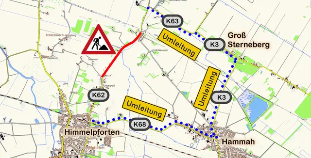 Die Karte zeigt die gesperrte Strecke (rote Linie) und die Umleitungsstrecke (blaue Punkte) | Foto: OpenTopoMap/jd