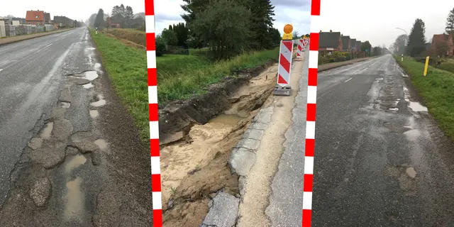 Die K27 in Drochtersen ist in einem schlechten Zustand (Fotos li. und re.). Im Vorfeld der Sanierung werden Leitungen neu verlegt (Foto Mitte) | Foto: Landkreis Stade/jd