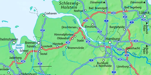 Der Verlauf der Küstenautobahn A20. Sie soll einmal den Nordwesten Niedersachsens mit Schleswig-Holstein und Mecklenburg-Vorpommern verbinden | Foto: Wikipedia/NordNordWest (creativecommons.org/licenses/by-sa/3.0/)/jd