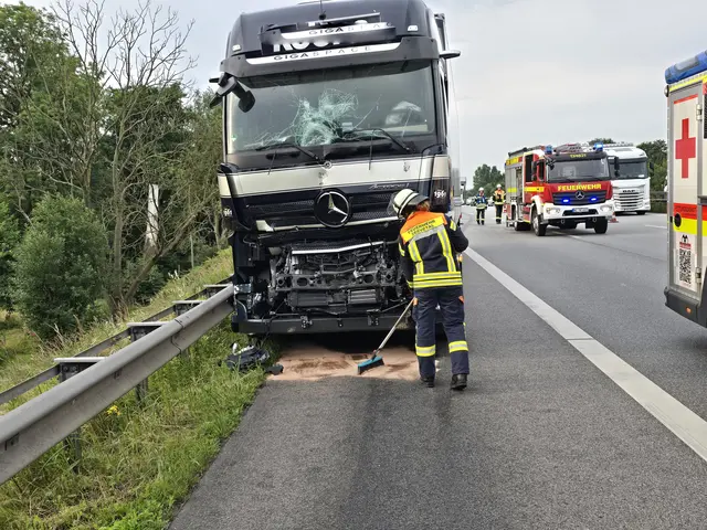 Dieser Lkw-Unfall hat am Dienstagmorgen für einen Einsatz von Feuerwehr und Rettungsdienst auf der A 1 zwischen Maschen und Harburg gesorgt | Foto: Matthias Köhlbrandt / Feuerwehr
