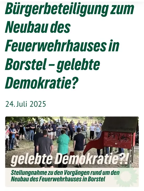 Aufmacher, Stellungnahme zum Feuerwehrhaus Borstel. | Foto: Partei die Grünen.