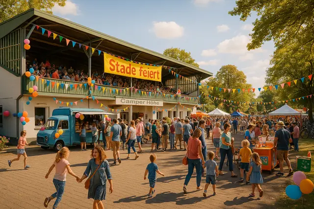 Sommerfest auf der Camper Höhe: So stellt sich die KI eine mögliche Nutzung der Tribüne als Stätte der Begegnung vor. Doch derzeit ist noch völlig ungewiss, ob die Tribüne erhalten bleibt | Foto: Foto KI-generiert