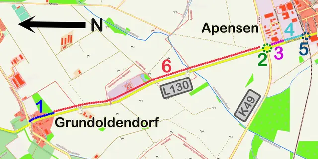Die Karte zeigt die einzelnen Bauabschnitte beim Radwege-Neubau zwischen Apensen und Grundoldendorf | Foto: OpenStreetMap/jd