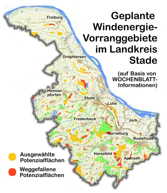 Die Karte zeigt die Flächen, die der Landkreis Stade aktuell als Vorranggebiete für Windkraftanlagen vorschlägt. Diese ausgewählten Potenzialflächen sind in Orange dargestellt, die Potenzialflächen in Rot sollen wegfallen. Hinweis: Die Kartendarstellung ist nicht detailgenau | Foto: OpenTopoMap/jd