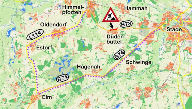 In Düdenbüttel wird die Ortsdurchfahrt der B73 umgebaut. Während des letzten Bauabschnittes erfolgt eine Vollsperrung der B73. Dann wird der Verkehr weiträumig über die L114 und die B74 umgeleitet (lila Punkte) | Foto: OpenStreet Map/jd